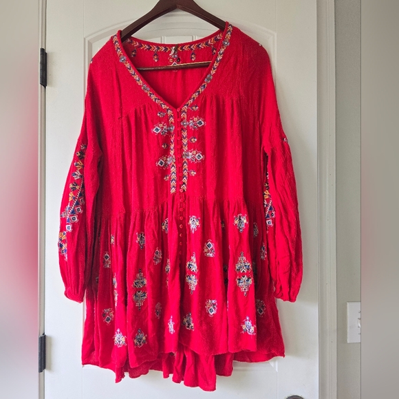 Free People Arianna Embroidered Tunic Red Boho Peasant Top Button Front Size L - Picture 4 of 14